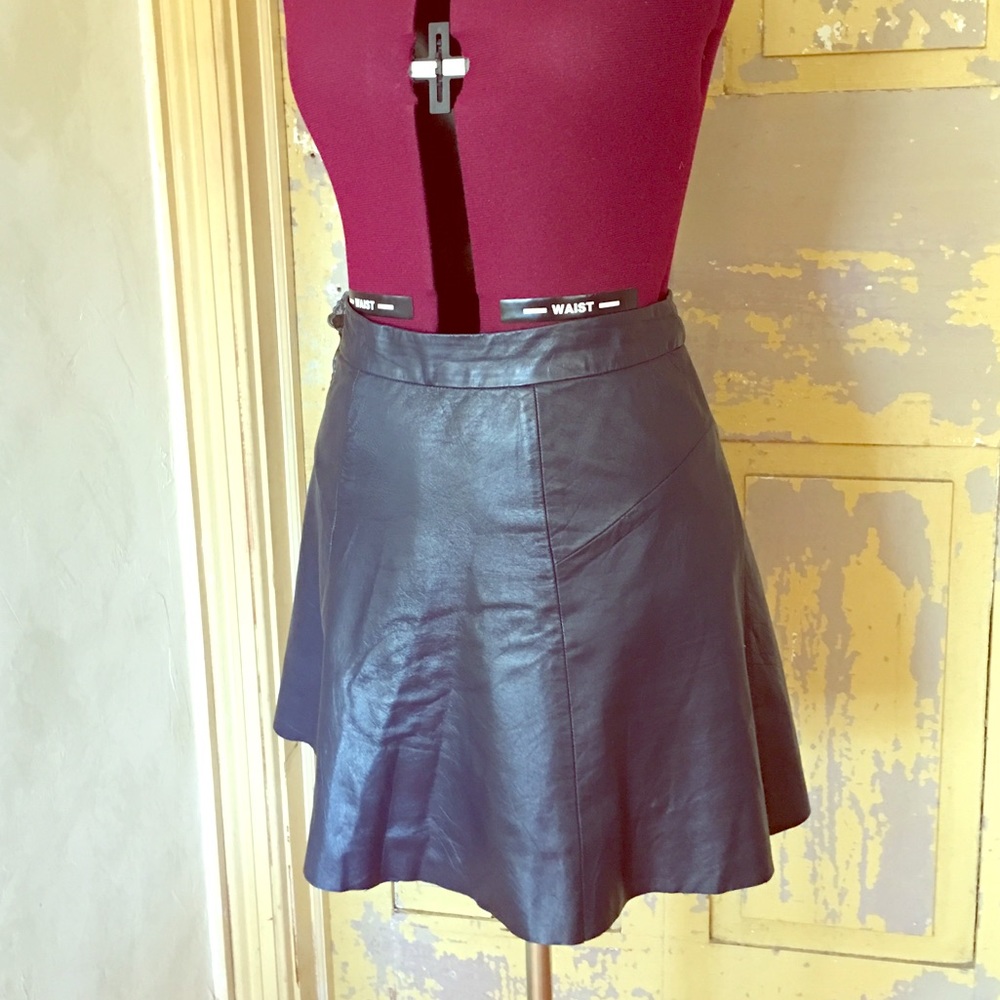 Navy blue A-line faux leather skirt